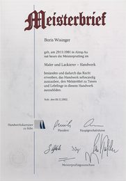 Meisterbrief im Maler- und Lackiererhandwerk, ausgestellt von der Handwerkskammer zu Köln