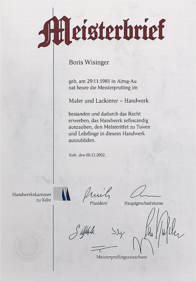 Meisterbrief von Boris Wisinger im Maler- und Lackiererhandwerk, ausgestellt von der Handwerkskammer zu Köln