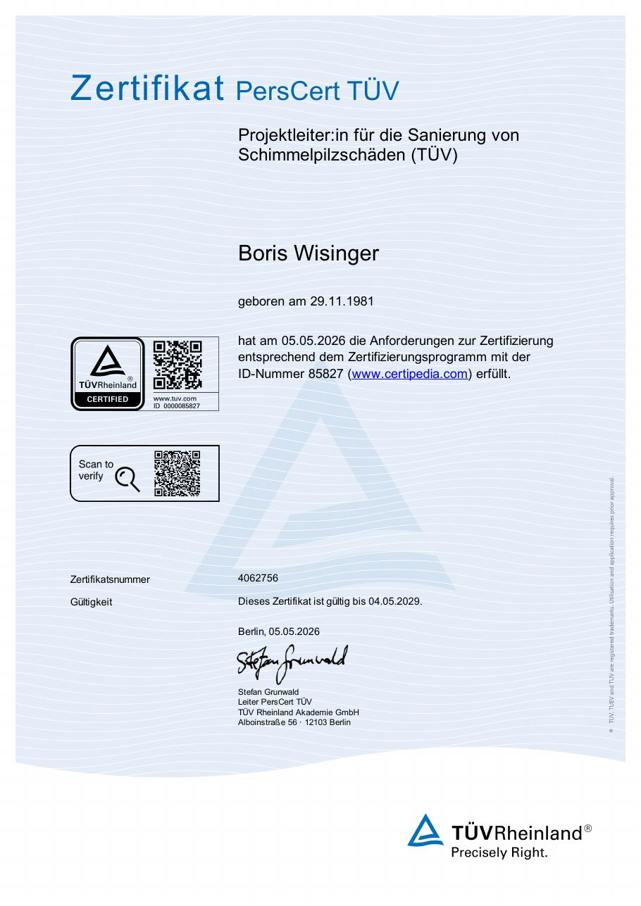 PersCert-TÜV-Zertifikat: Projektleiter für die Sanierung von Schimmelpilzschäden, Boris Wisinger